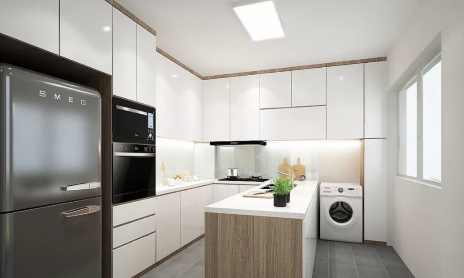 kitchen renovation white minimalistic, kitchen, fridge, dryer, washer, bar table, counter