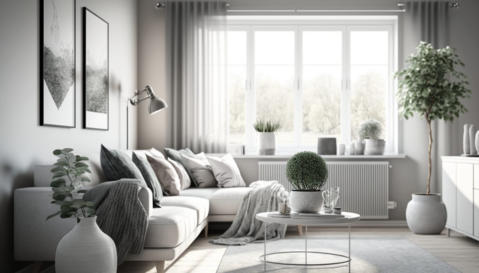 living room natural light grey furniture sofa coffee table plants